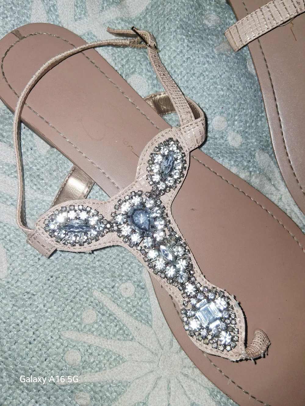 Jessica Simpson Nude Bejeweled T-Strap Sandals